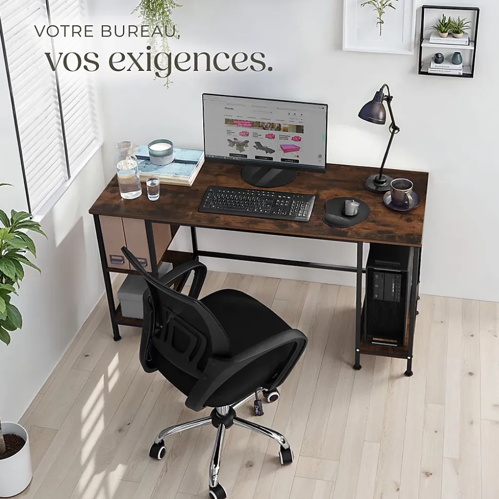 Bureau Style industriel 2 étagères latérales avec 2 compartiments de stockage