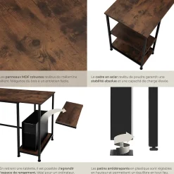 Bureau Style industriel 2 étagères latérales avec 2 compartiments de stockage