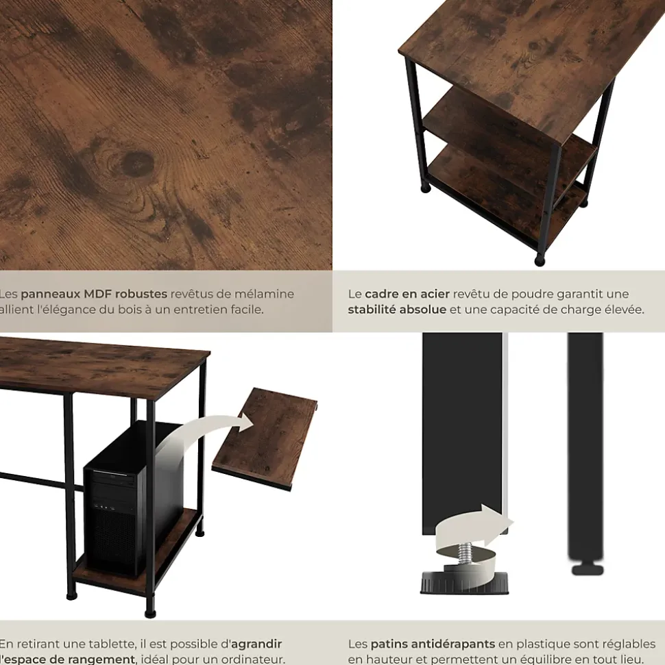 Bureau Style industriel 2 étagères latérales avec 2 compartiments de stockage