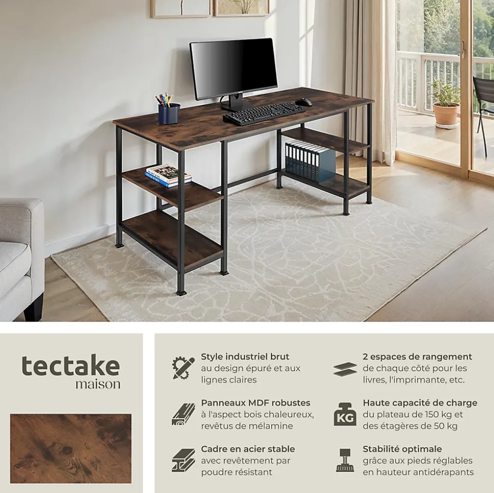 Bureau Style industriel 2 étagères latérales avec 2 compartiments de stockage