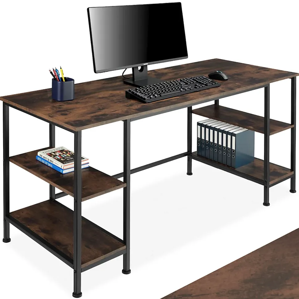 Bureau Style industriel 2 étagères latérales avec 2 compartiments de stockage