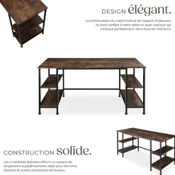 Bureau Style industriel 2 étagères latérales avec 2 compartiments de stockage