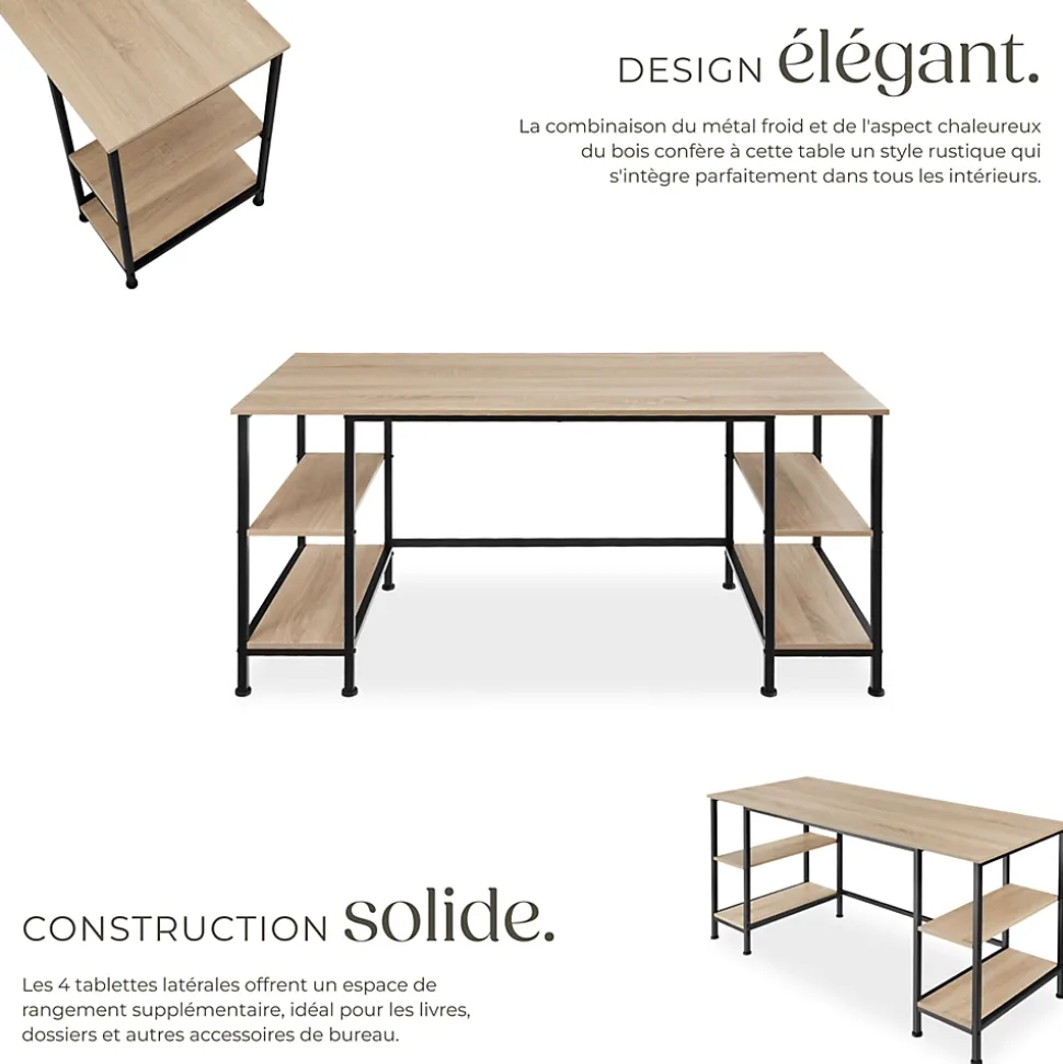 Bureau Style industriel 2 étagères latérales avec 2 compartiments de stockage