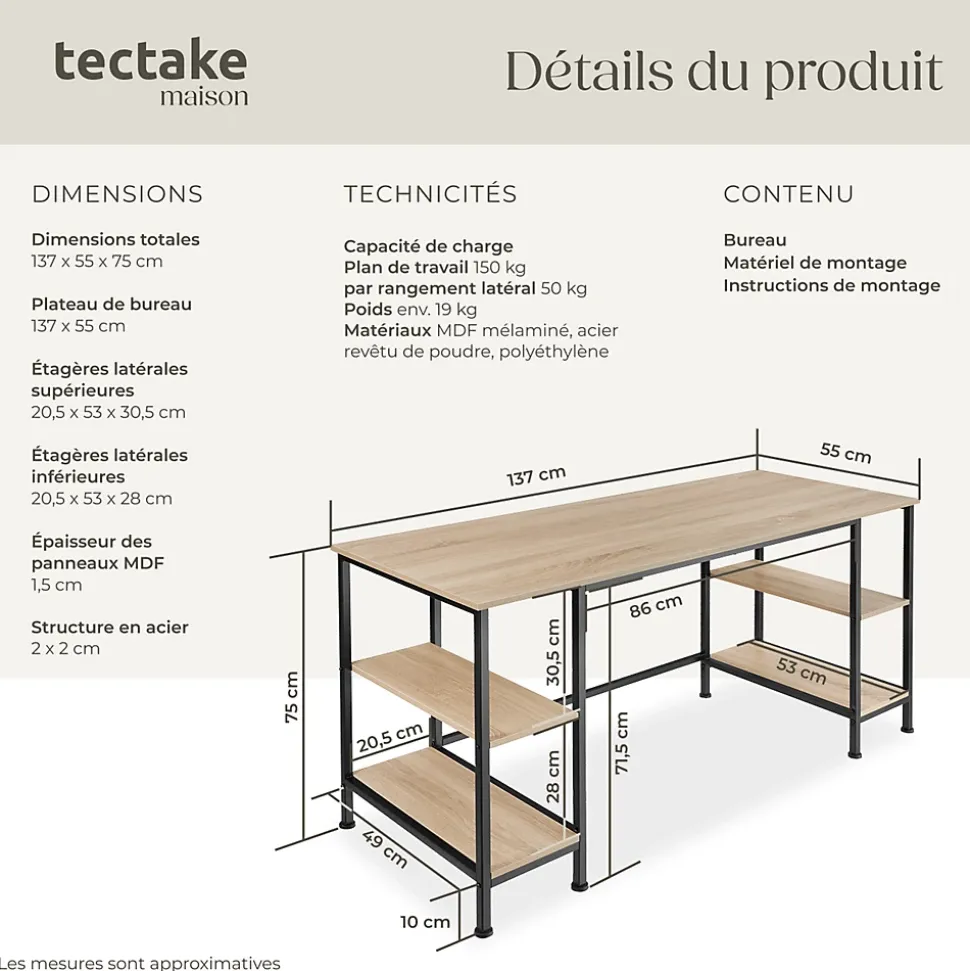 Bureau Style industriel 2 étagères latérales avec 2 compartiments de stockage