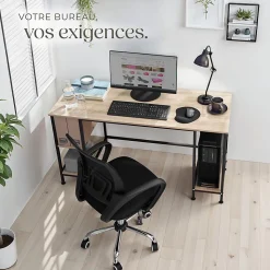 Bureau Style industriel 2 étagères latérales avec 2 compartiments de stockage