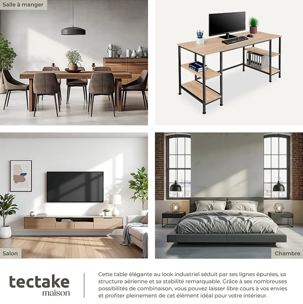 Bureau Style industriel 2 étagères latérales avec 2 compartiments de stockage