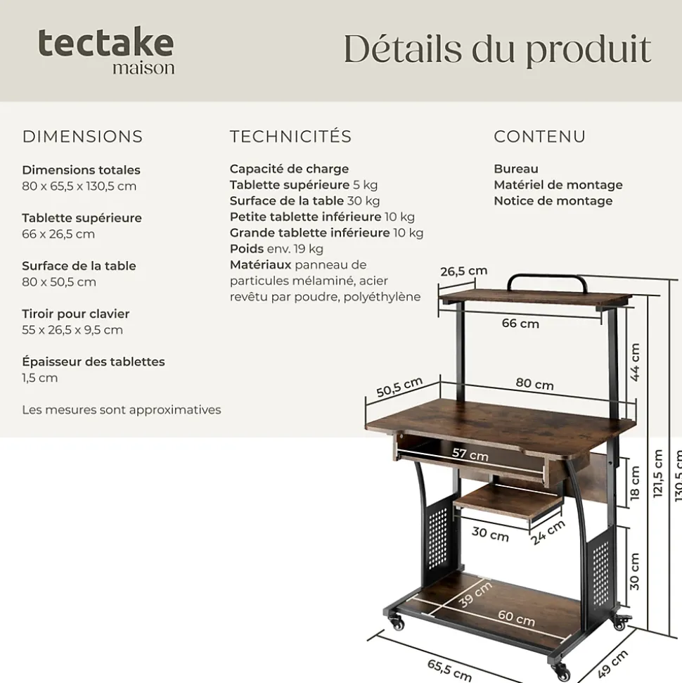 Bureau Style industriel 3 niveaux tablette accrochable et tiroir à clavier