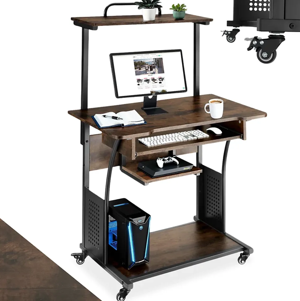 Bureau Style industriel 3 niveaux tablette accrochable et tiroir à clavier