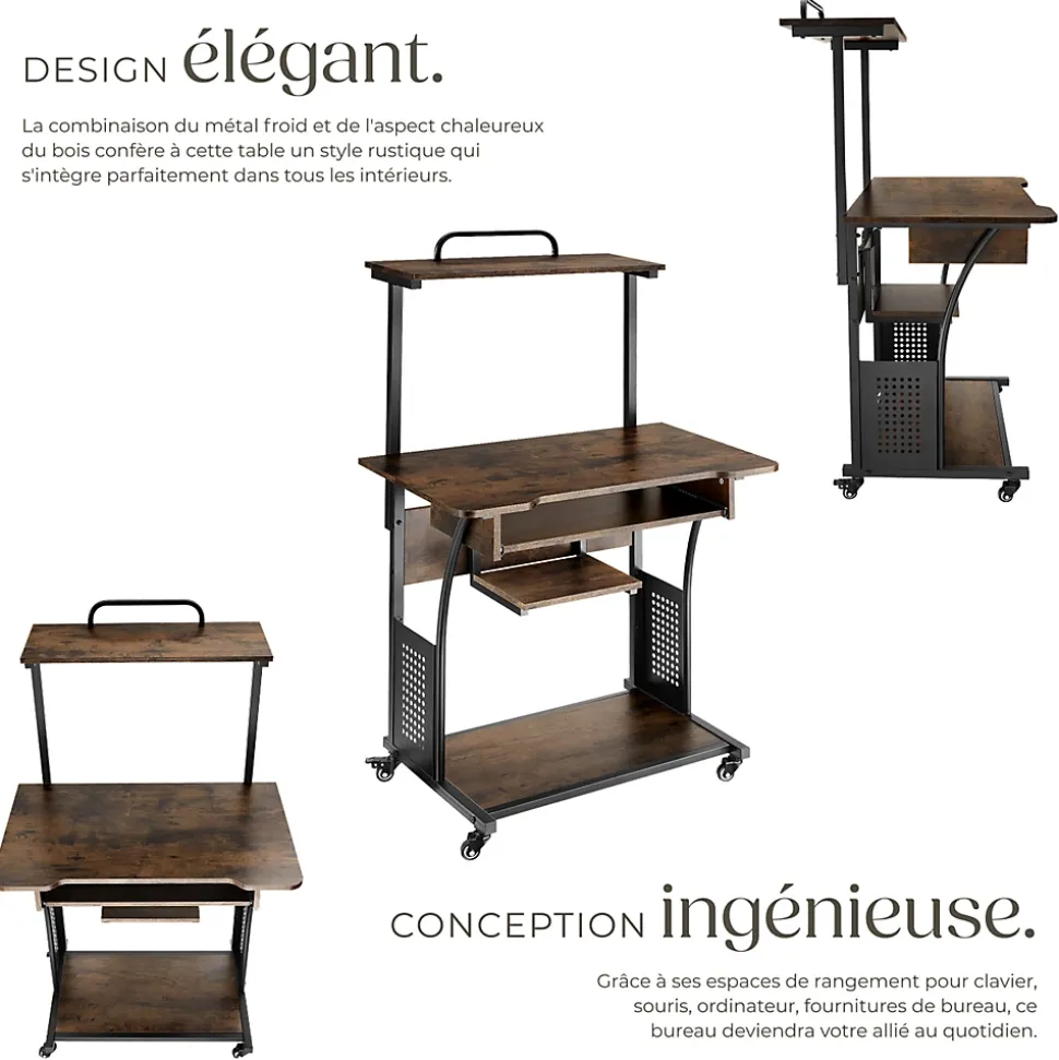 Bureau Style industriel 3 niveaux tablette accrochable et tiroir à clavier