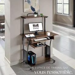 Bureau Style industriel 3 niveaux tablette accrochable et tiroir à clavier