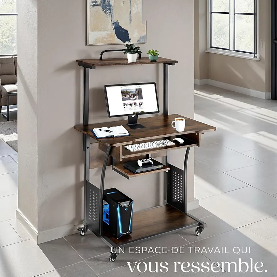 Bureau Style industriel 3 niveaux tablette accrochable et tiroir à clavier