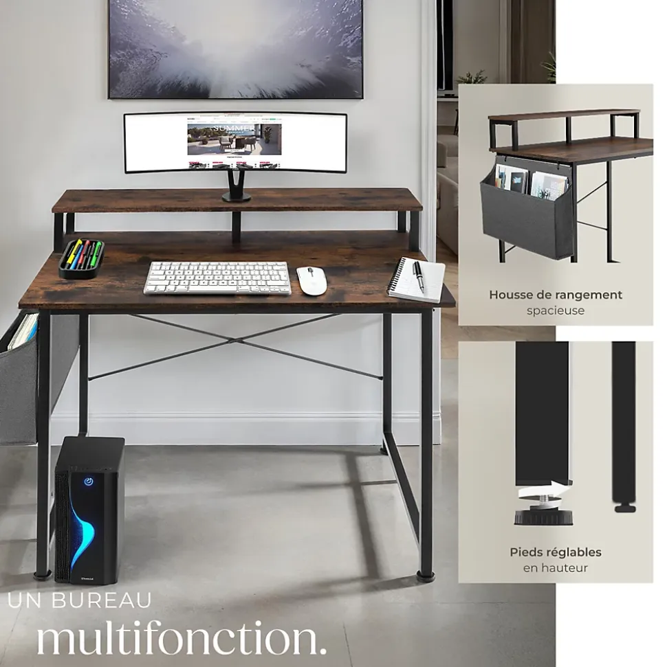 Bureau Style industriel avec Support pour écran et sac de rangement