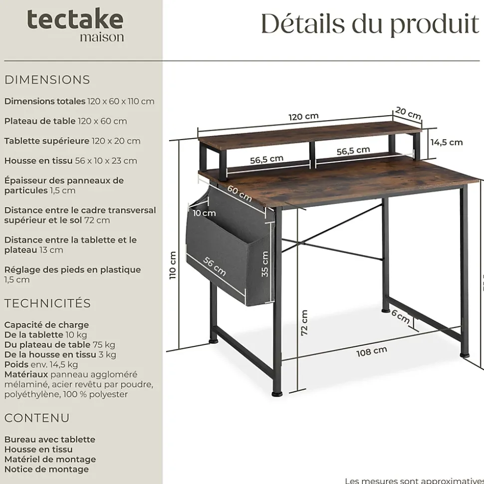 Bureau Style industriel avec Support pour écran et sac de rangement