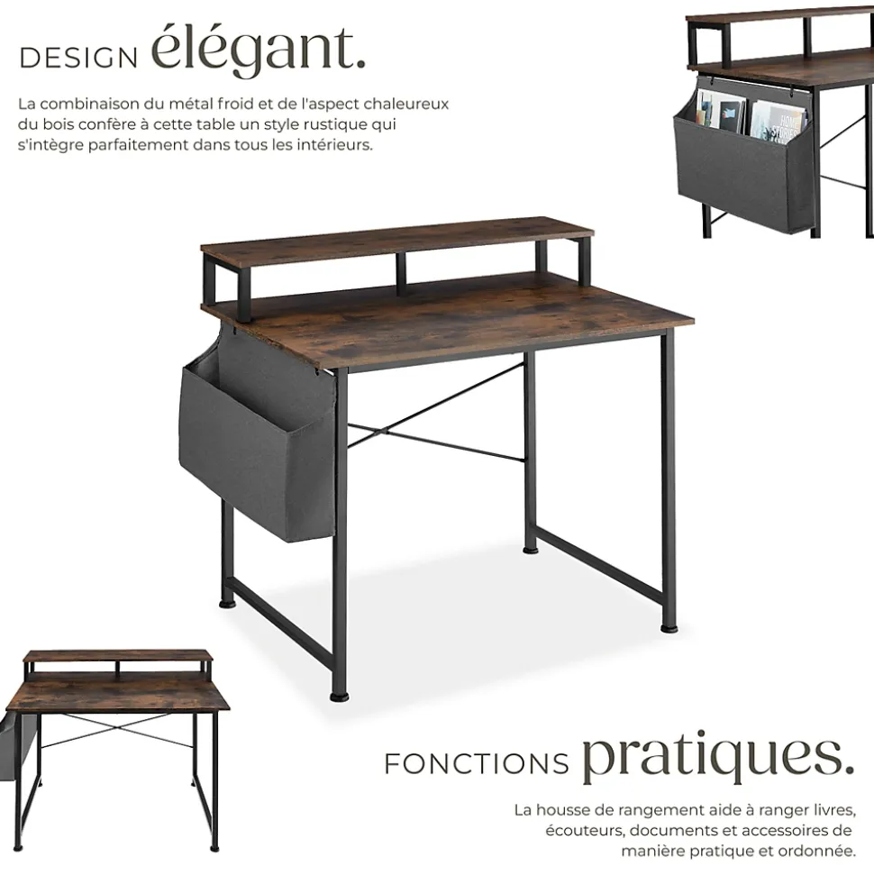 Bureau Style industriel avec Support pour écran et sac de rangement
