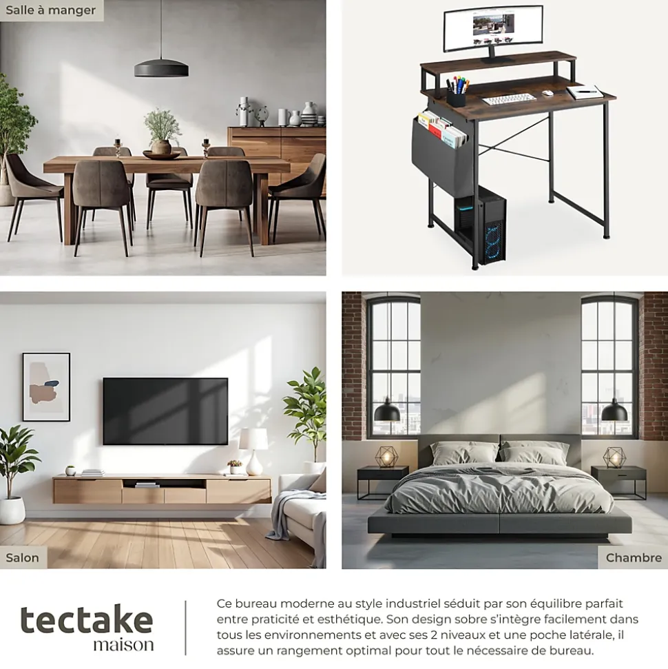 Bureau Style industriel avec Support pour écran et sac de rangement