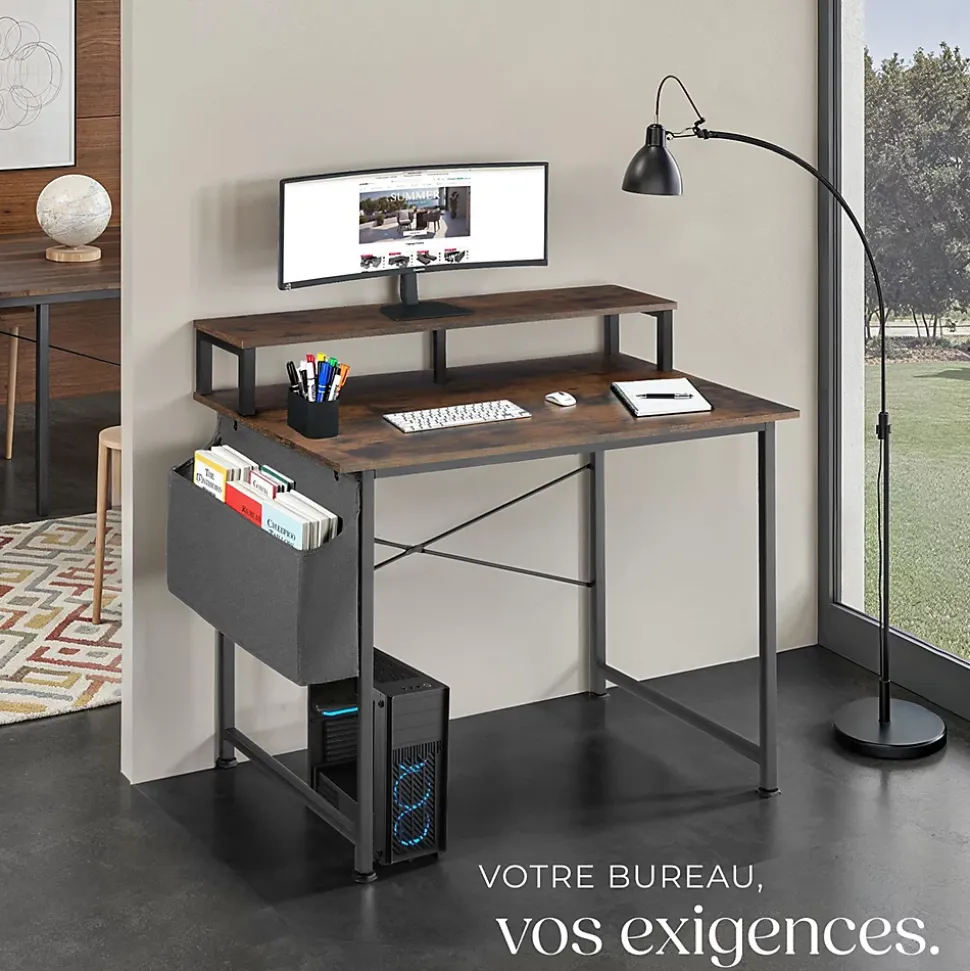 Bureau Style industriel avec Support pour écran et sac de rangement