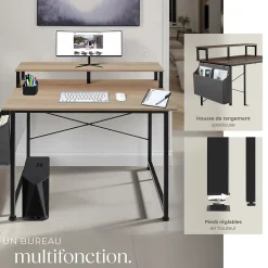 Bureau Style industriel avec Support pour écran et sac de rangement
