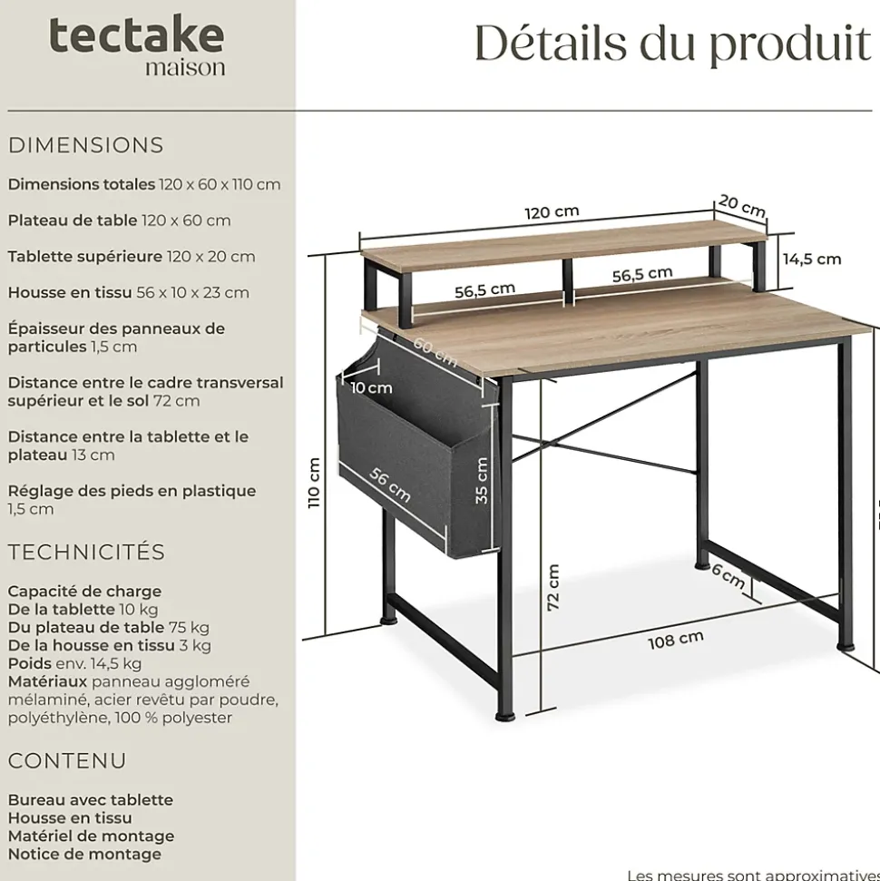 Bureau Style industriel avec Support pour écran et sac de rangement
