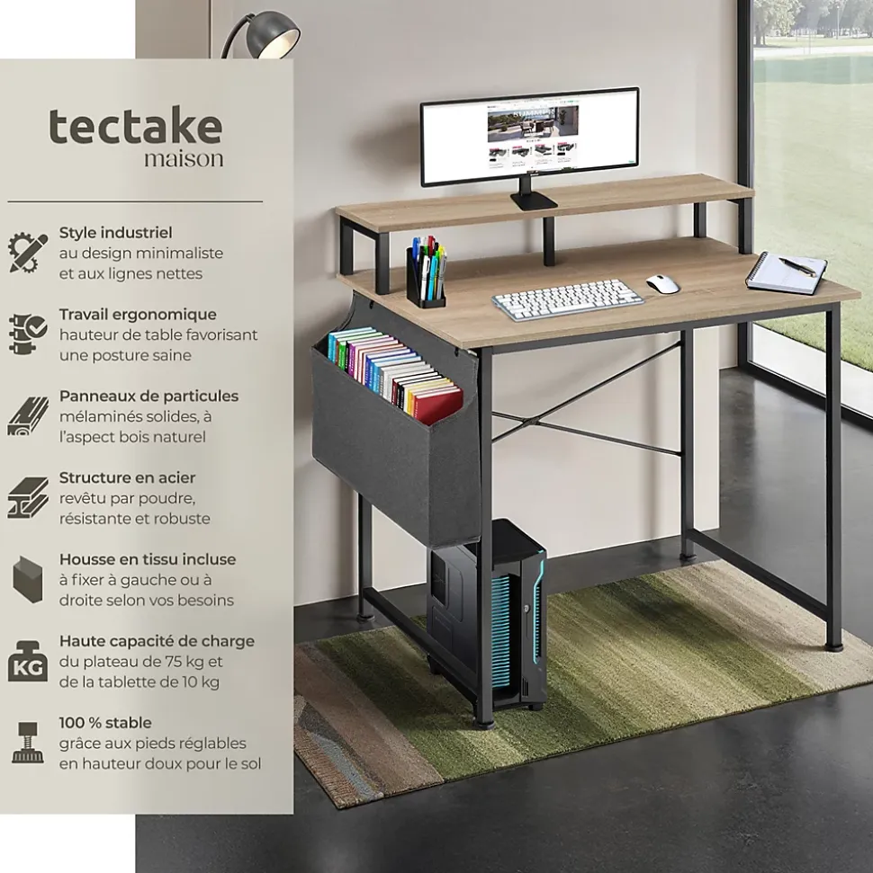 Bureau Style industriel avec Support pour écran et sac de rangement