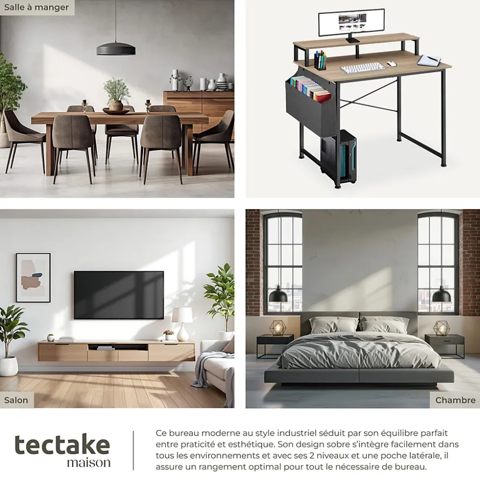 Bureau Style industriel avec Support pour écran et sac de rangement
