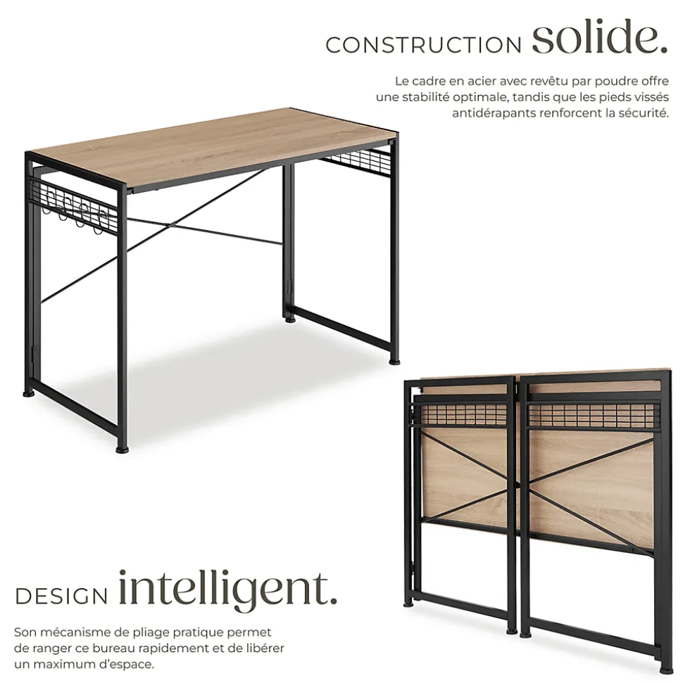 Bureau Style industriel Pliable avec surfaces grillagées latérales et 8 crochets