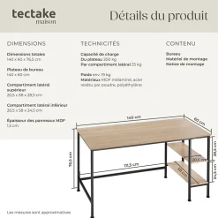 Bureau Style industriel Étagère latérale avec 2 compartiments de stockage