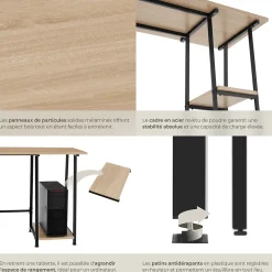Bureau Style industriel Étagère latérale avec 2 compartiments de stockage
