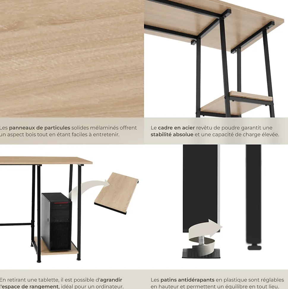 Bureau Style industriel Étagère latérale avec 2 compartiments de stockage