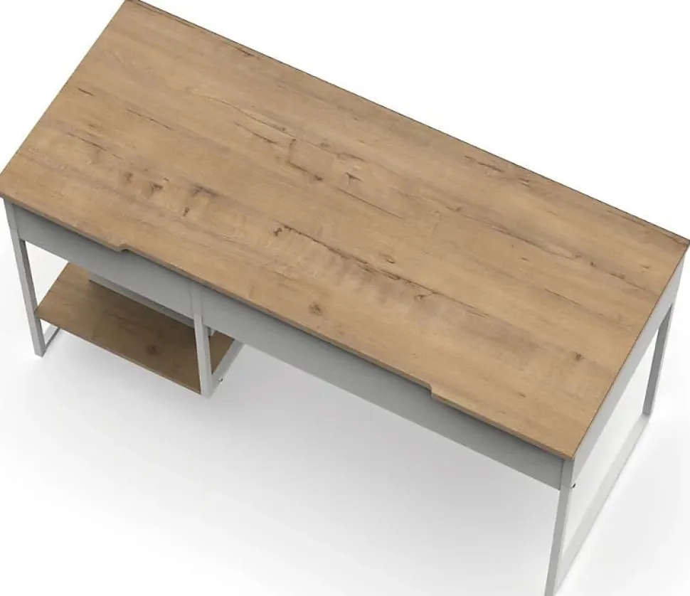 Bureau, table de travail en aggloméré finition chêne avec pieds en métal blanc - Longueur 137.5 x Profondeur 58 x Hauteur 76 cm