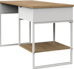 Bureau, table de travail en aggloméré finition chêne avec pieds en métal blanc - Longueur 137.5 x Profondeur 58 x Hauteur 76 cm