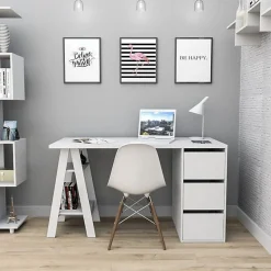 Bureau Tréteau 3 Tiroirs Blanc SELF - L 135 x l 60 x H 75 cm