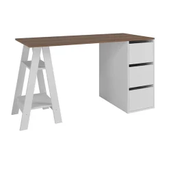 Bureau Tréteau et Caisson 3 Tiroirs Blanc et Châtaignier L 135 H 75 P 60 cm - L 135 x l 60 x H 75 cm