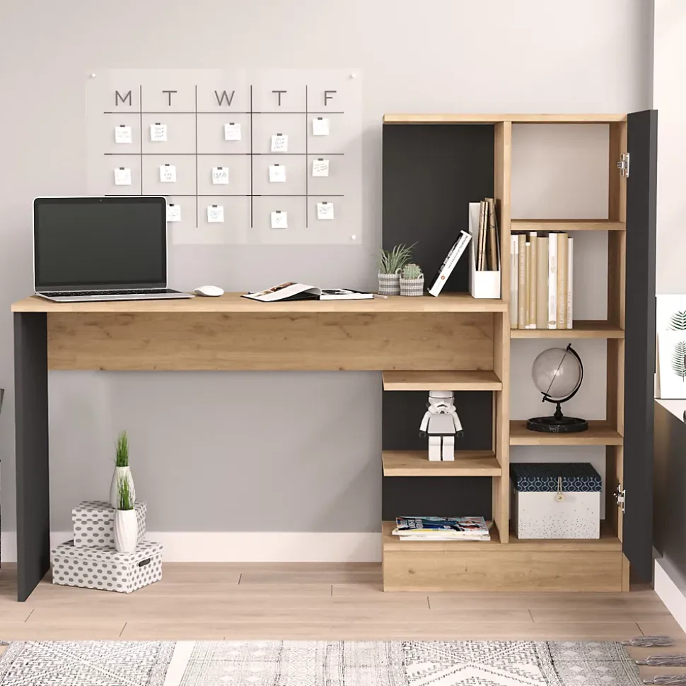 Bureau Varhalo avec armoire intégrée 120 x 153 x 40 cm effet chêne anthracite en.casa