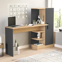 Bureau Varhalo avec armoire intégrée 120 x 153 x 40 cm effet chêne anthracite en.casa