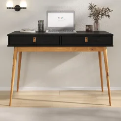 Bureau WANDA avec 2 tiroirs, en pin massif - Coloris noir et chêne