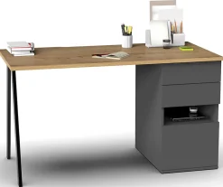 Bureau,table de travail en aggloméré finition gris foncé avec pied en métal noir-Longueur 137.5 x Profondeur 67 x Hauteur 76 cm
