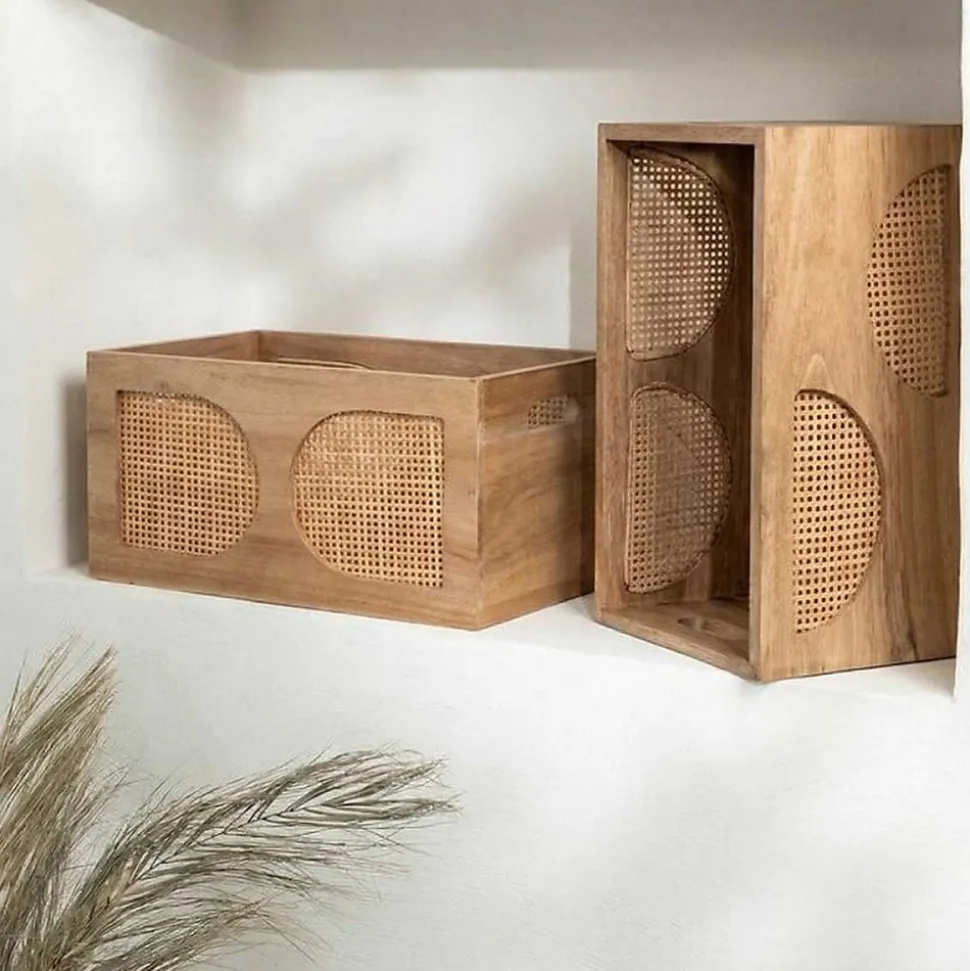 Caisse en bois et rotin 30x20cm