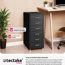 Caisson de bureau à roulettes en métal en acier avec 6 tiroirs noir