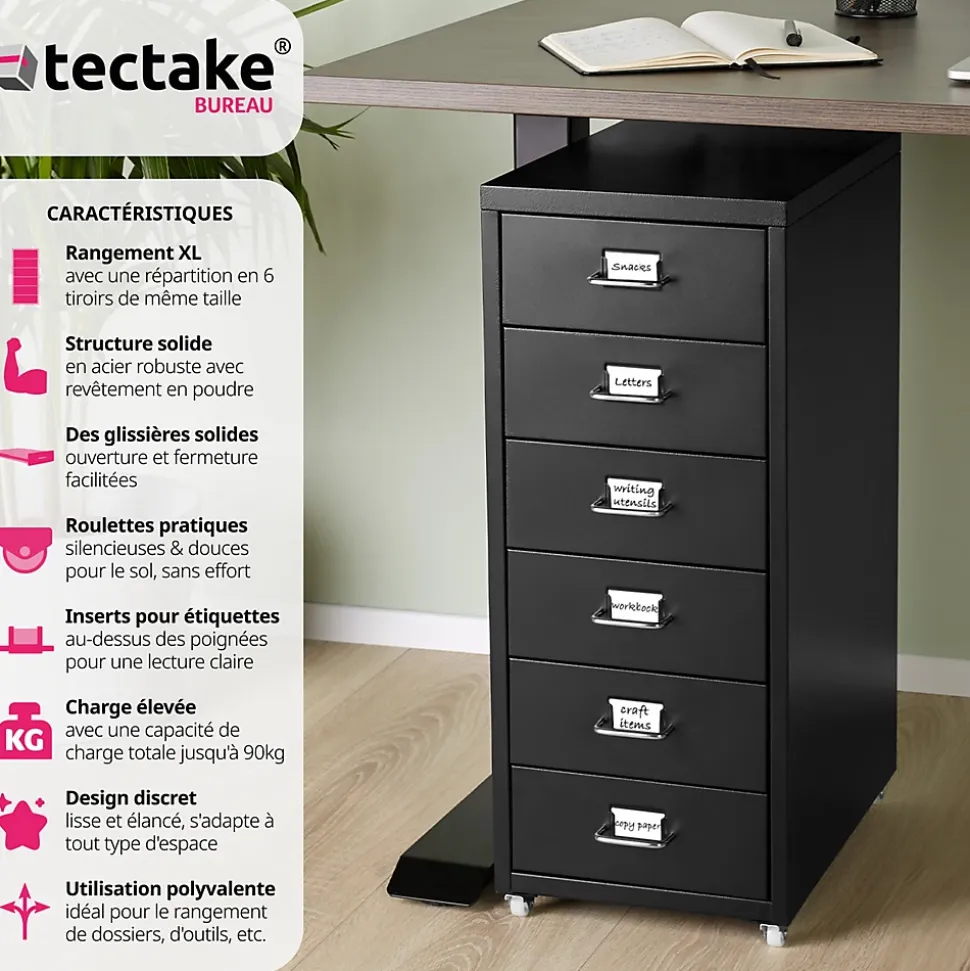 Caisson de bureau à roulettes en métal en acier avec 6 tiroirs noir