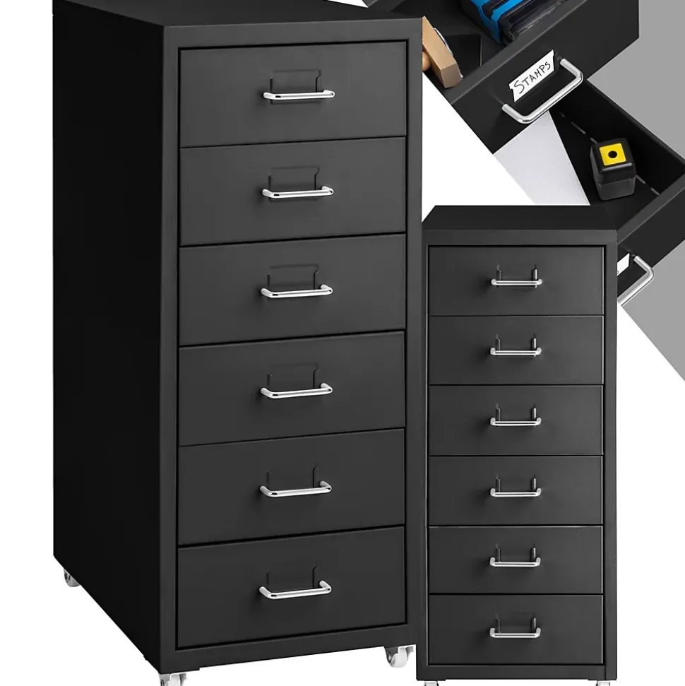 Caisson de bureau à roulettes en métal en acier avec 6 tiroirs noir