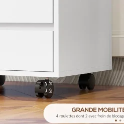 Caisson de bureau rangement bureau sur roulettes 4 tiroirs coulissants MDF aspect bois blanc