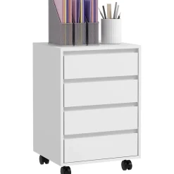 Caisson de bureau rangement bureau sur roulettes 4 tiroirs coulissants MDF aspect bois blanc