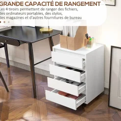 Caisson de bureau rangement bureau sur roulettes 4 tiroirs coulissants MDF aspect bois blanc