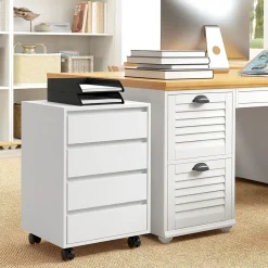 Caisson de bureau rangement bureau sur roulettes 4 tiroirs coulissants MDF aspect bois blanc
