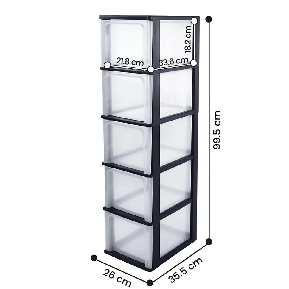 Caisson de rangement plastique recyclé A4, 5 Grands Tiroirs, Noir, OCH-2500, Iris Ohyama