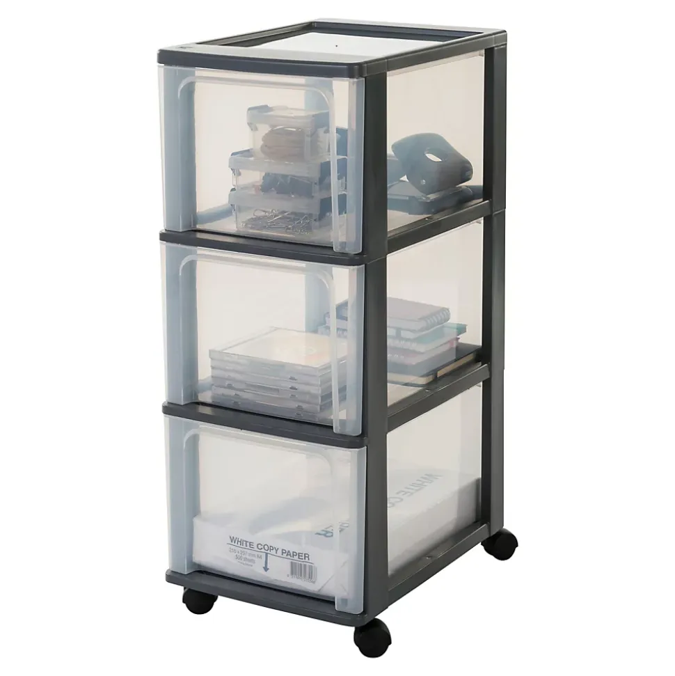 Caisson de rangement plastique recyclé A4, 3 Grands Tiroirs, Noir, OCH-2300, Iris Ohyama
