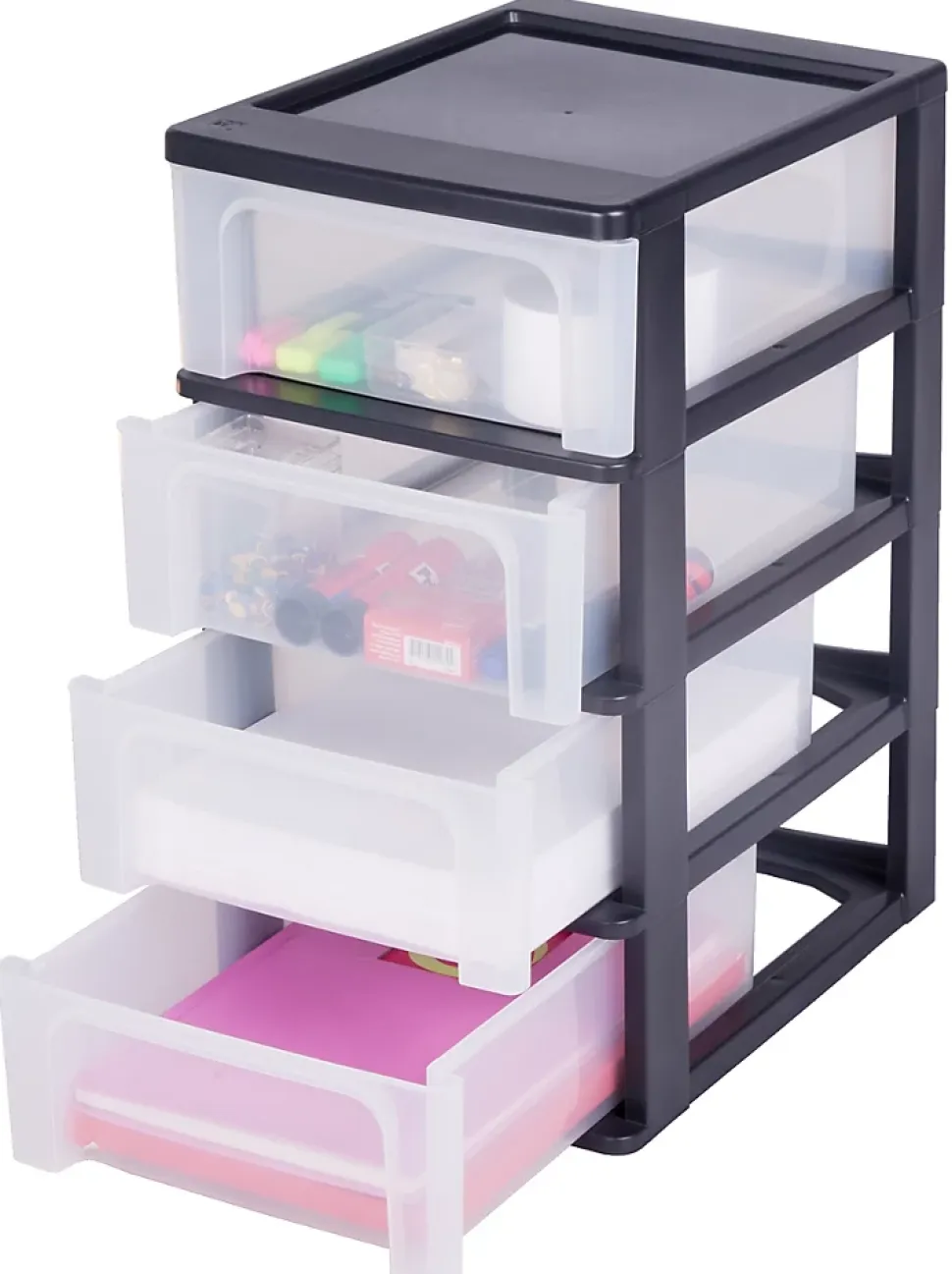 Caisson de rangement plastique recyclé A4, 4 Tiroirs Moyens, Noir, OCH-2004, Iris Ohyama