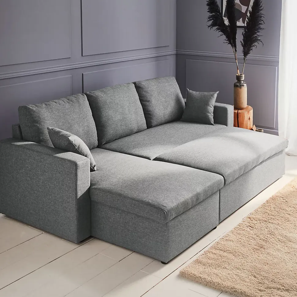 Canapé d'angle convertible en tissu gris clair - IDA - 3 places. fauteuil d'angle réversible coffre rangement lit modulable