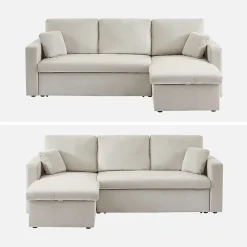 Canapé d'angle convertible en velours côtelé grège - IDA - 3 places. fauteuil d'angle réversible coffre rangement lit modulable
