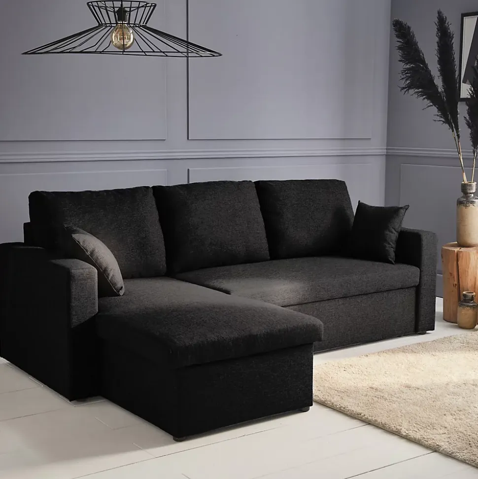 Canapé d'angle convertible en tissu noir - IDA - 3 places. fauteuil d'angle réversible coffre rangement lit modulable